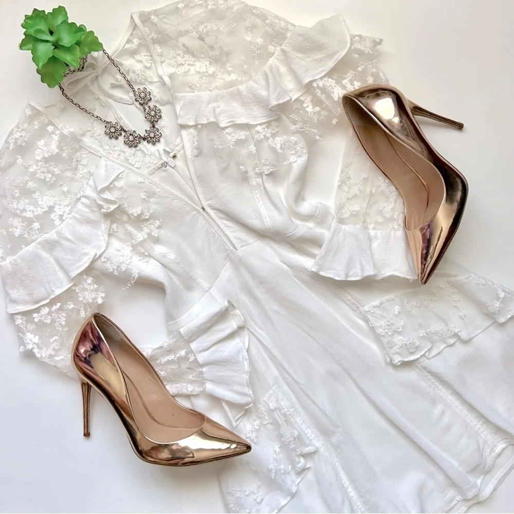 For Love & Lemons Rosebud Mini Dress White Lace Embroidered Sleeve Ruffle Size S